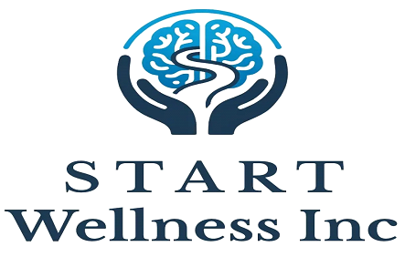 Logo for START Wellness Inc. featuring two hands cradling a stylized brain with a winding path inside, all in shades of blue. The company name appears below in bold, elegant font.